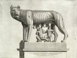 Tegning av den etruskiske bronsen av ulven som dier Romulus og Remus, 500-tallet f.Kr., i Capitoline Museum, 1552